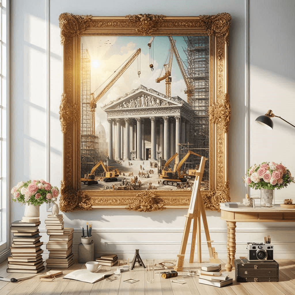A framed classical building under construction with cranes, books, flowers, and studio objects around it.