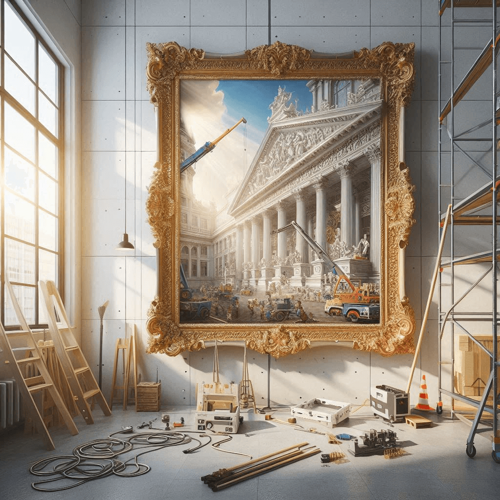 An ornate gold frame surrounding a classical museum facade under construction.